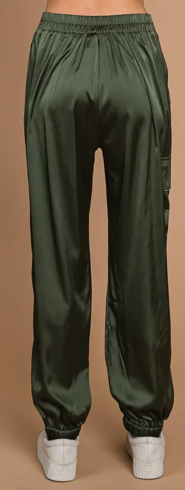 Still Alive Olive Satin Cargo Joggers