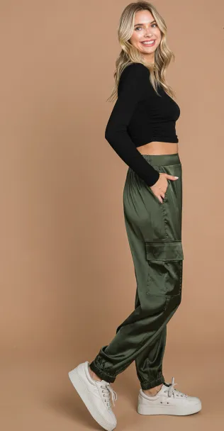 Still Alive Olive Satin Cargo Joggers