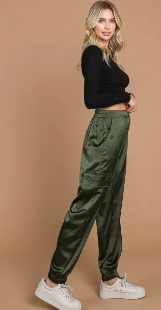 Still Alive Olive Satin Cargo Joggers