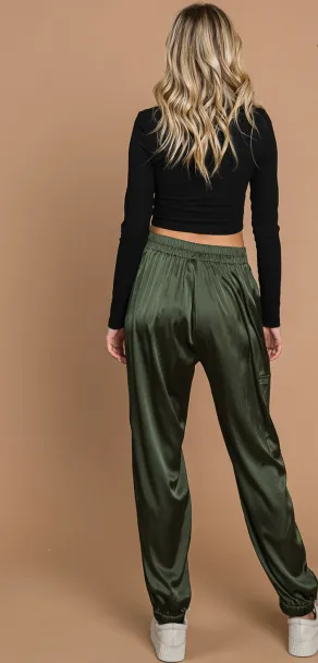 Still Alive Olive Satin Cargo Joggers