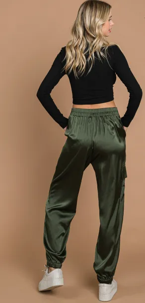 Still Alive Olive Satin Cargo Joggers