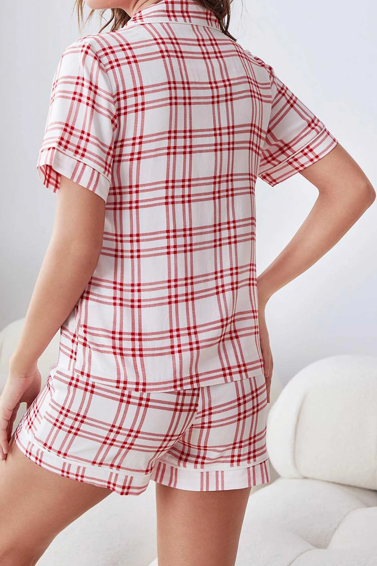 Striped Plaid Print Shirt Shorts Two-Piece Loungewear