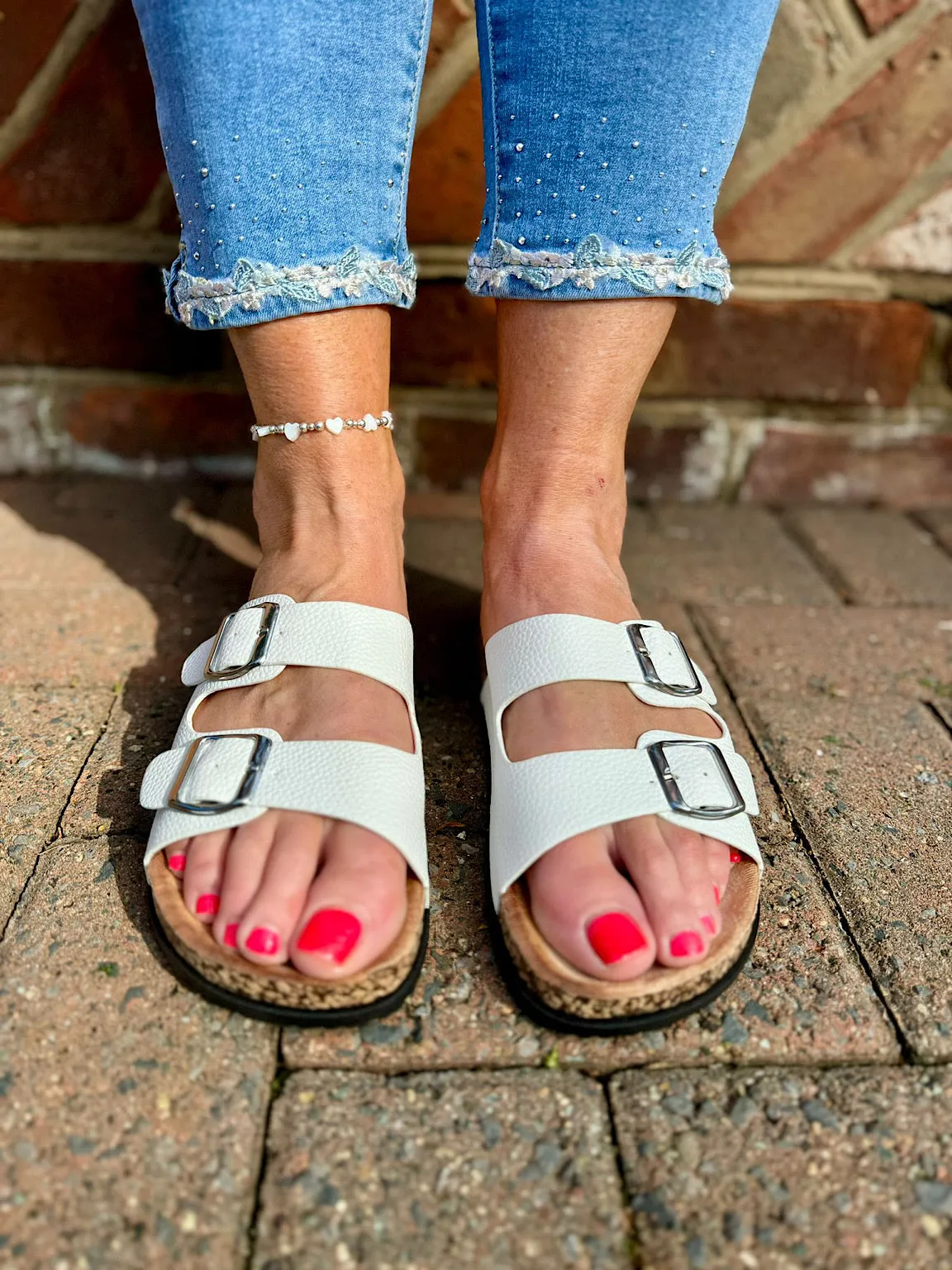 White Buckle Strap Footbed Sliders