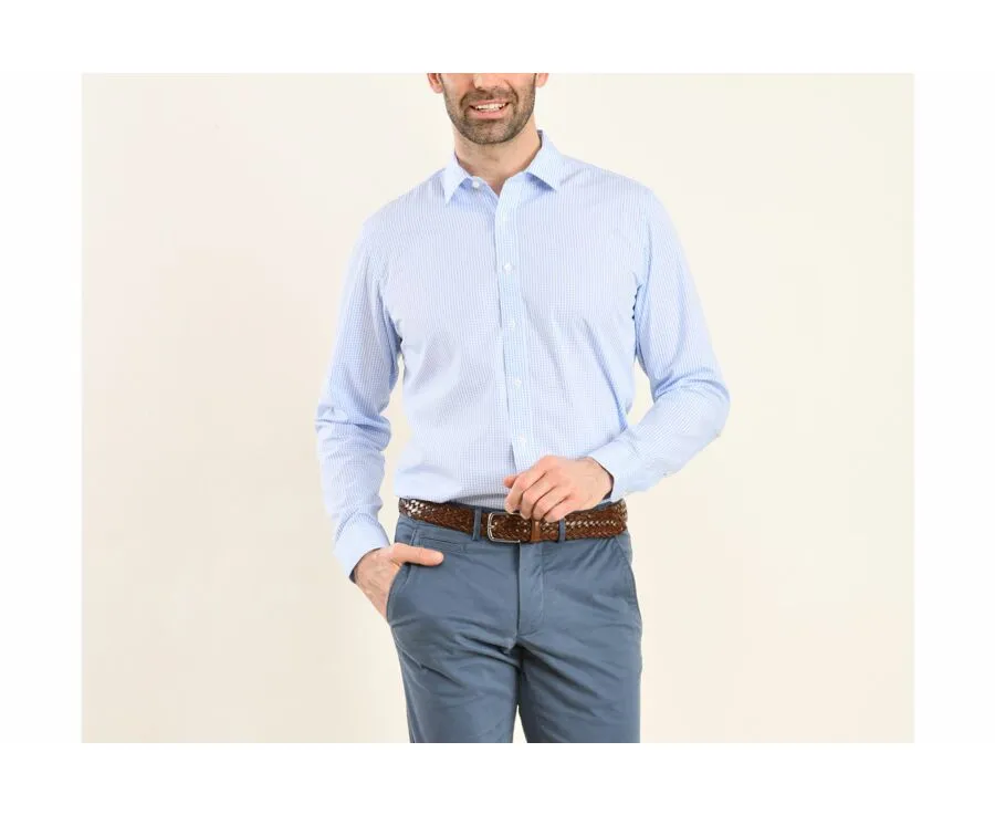 White shirt with light blue checks - Straight collar - ALFIERO