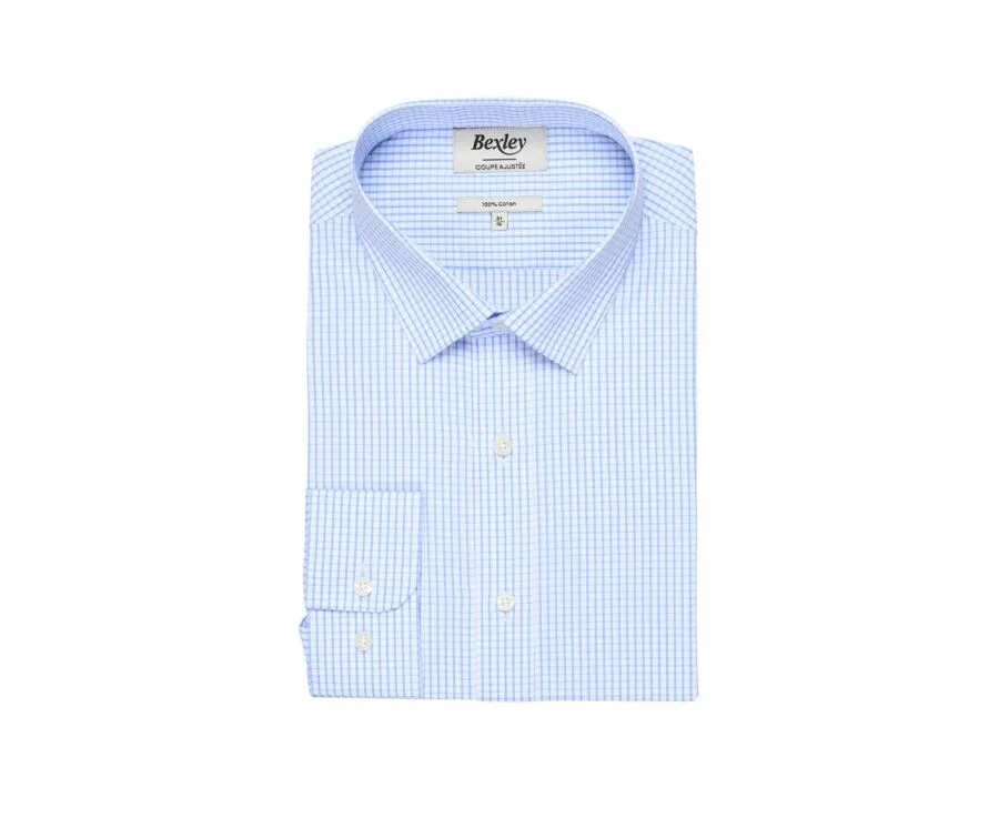 White shirt with light blue checks - Straight collar - ALFIERO