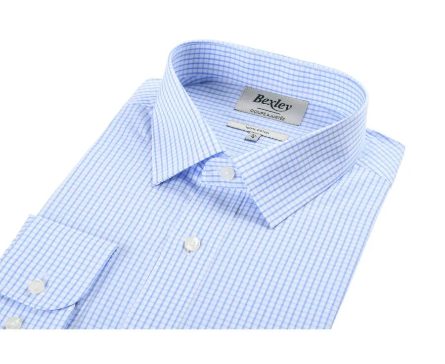 White shirt with light blue checks - Straight collar - ALFIERO