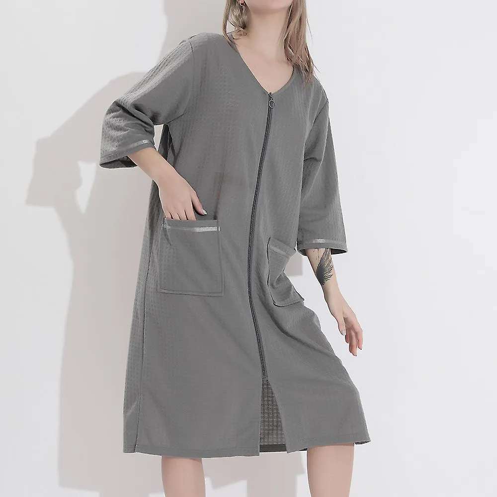 Women Bathrobe Nightgown Zipper Pocket Loose Nightwear Thin Robe Gown Sleepwear 3XL Casual Pajamas Robe Loungewear Dress