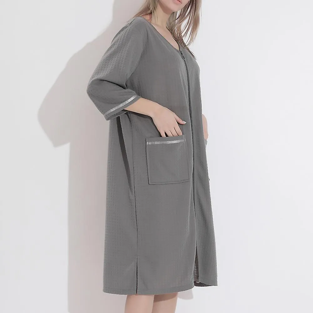 Women Bathrobe Nightgown Zipper Pocket Loose Nightwear Thin Robe Gown Sleepwear 3XL Casual Pajamas Robe Loungewear Dress