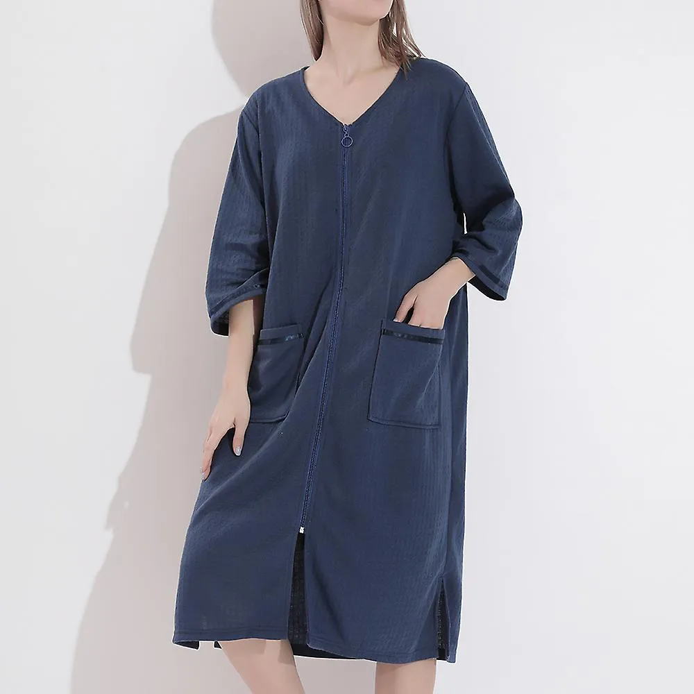 Women Bathrobe Nightgown Zipper Pocket Loose Nightwear Thin Robe Gown Sleepwear 3XL Casual Pajamas Robe Loungewear Dress