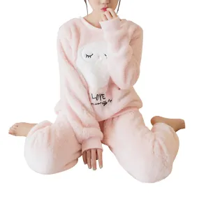 Women Cartoon Owl Style Flannel Winter Sleepwear Pajamas Set Long Sleeve Nightwear Size XL (Pink)