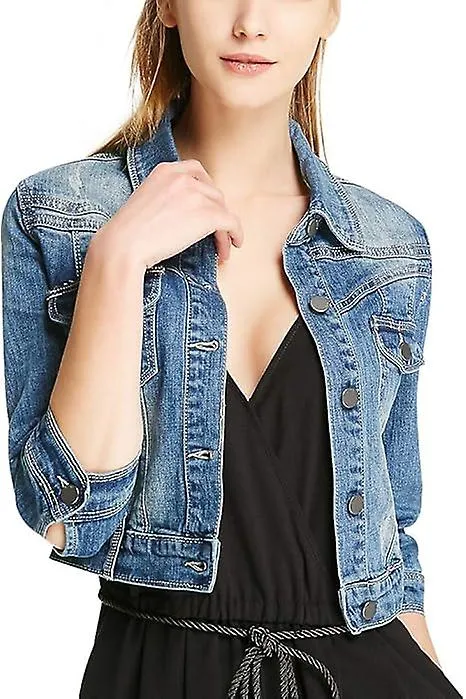 Women Casual Denim Jacket Jeans Tops Half Sleeve Trucker Coat Outerwear Girls Fashion Slim Outercoat Windbreaker, BLUE, M SIZE