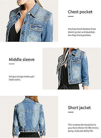 Women Casual Denim Jacket Jeans Tops Half Sleeve Trucker Coat Outerwear Girls Fashion Slim Outercoat Windbreaker, BLUE, M SIZE