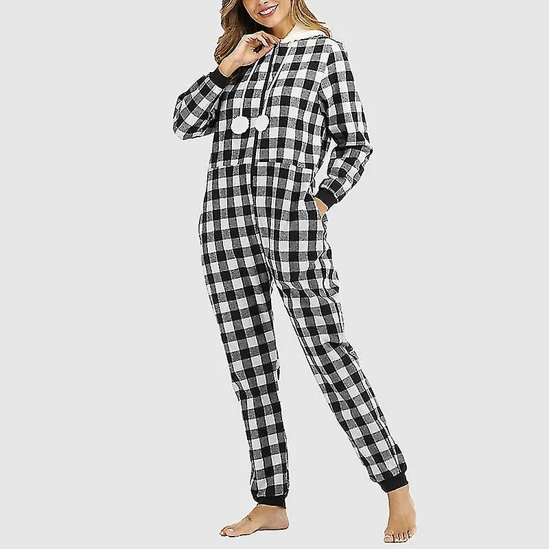 Women Cotton Plaid Hooded One-piece Home Wear Pajamas