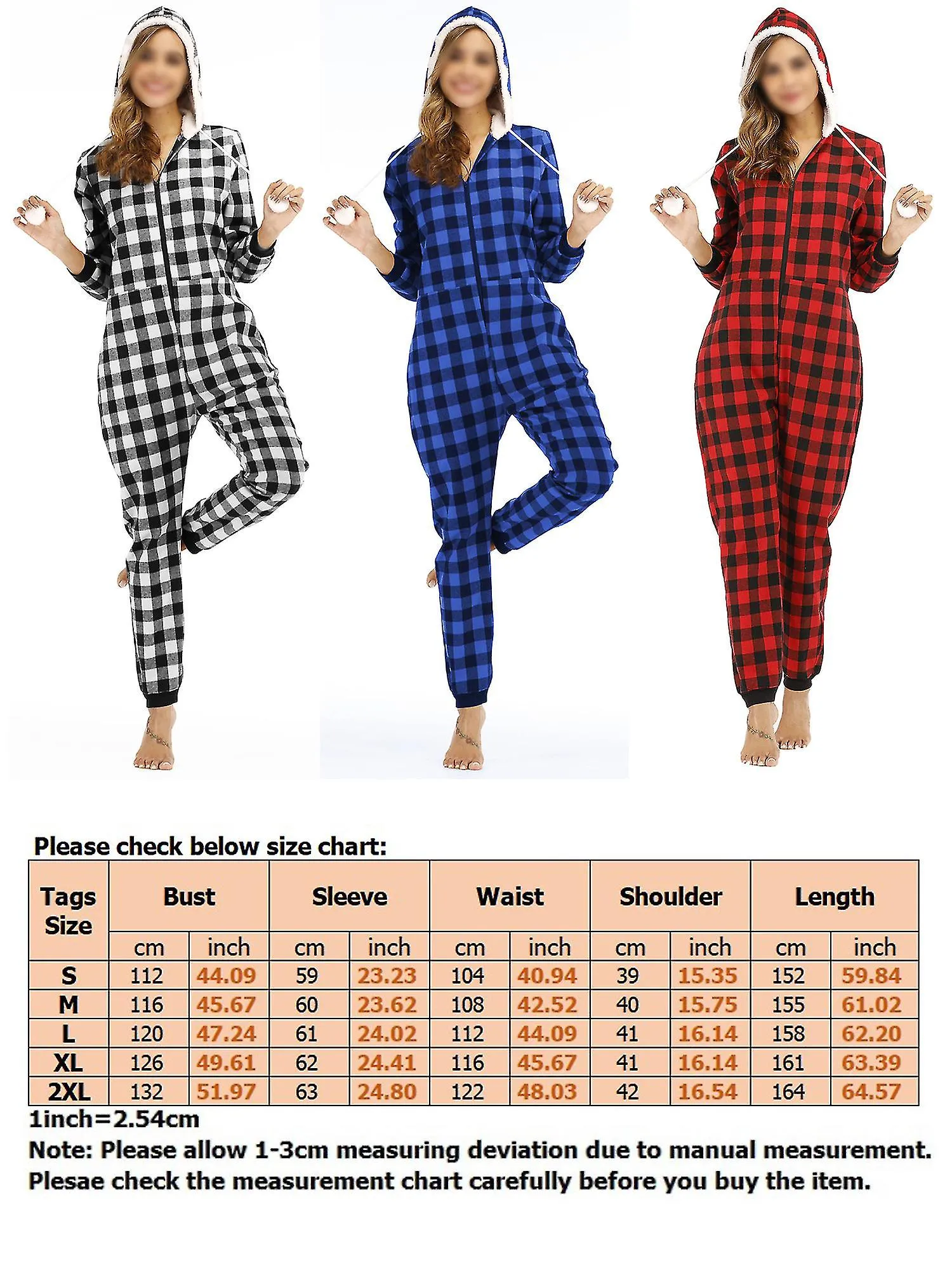 Women Cotton Plaid Hooded One-piece Home Wear Pajamas