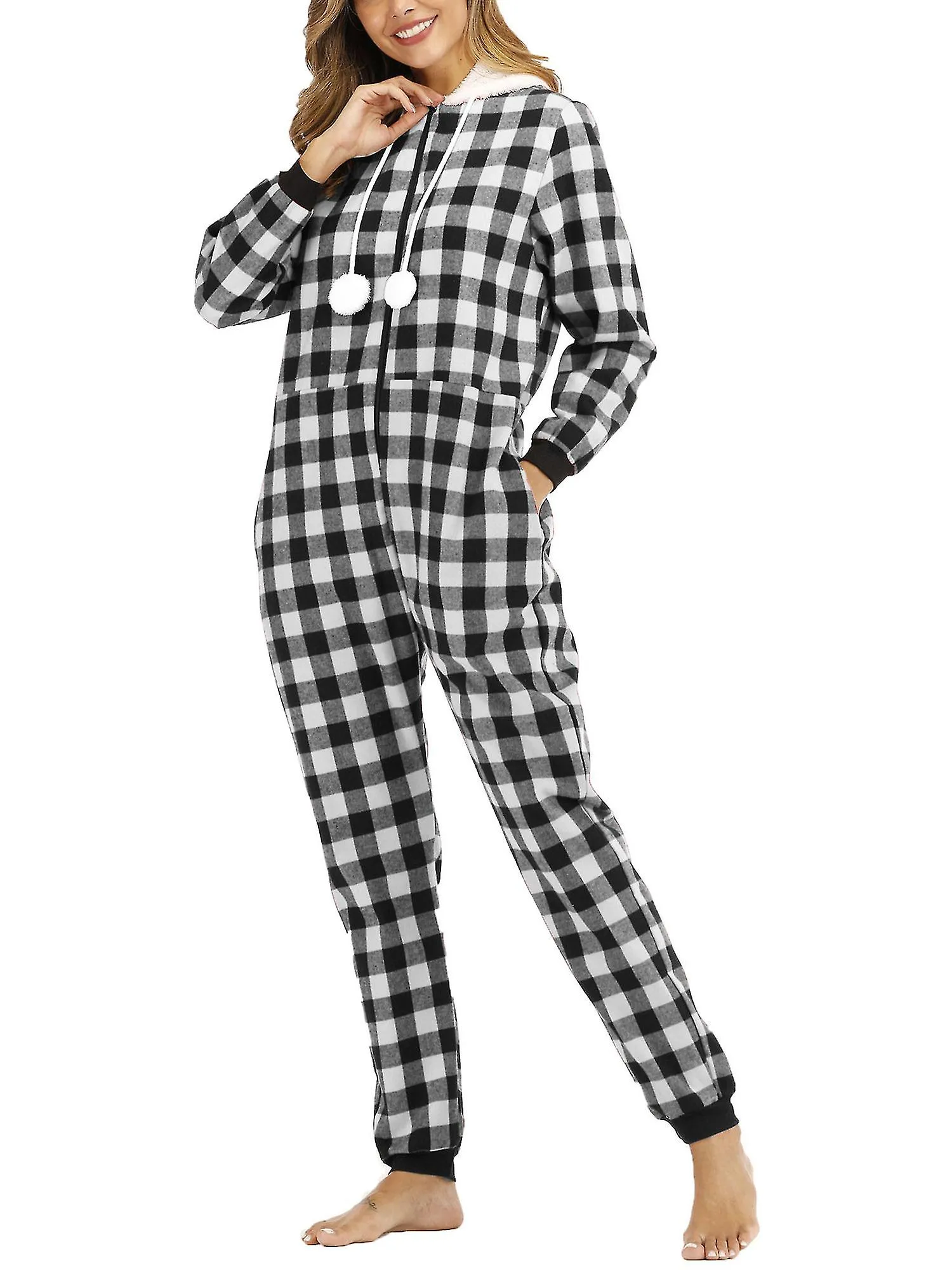 Women Cotton Plaid Hooded One-piece Home Wear Pajamas