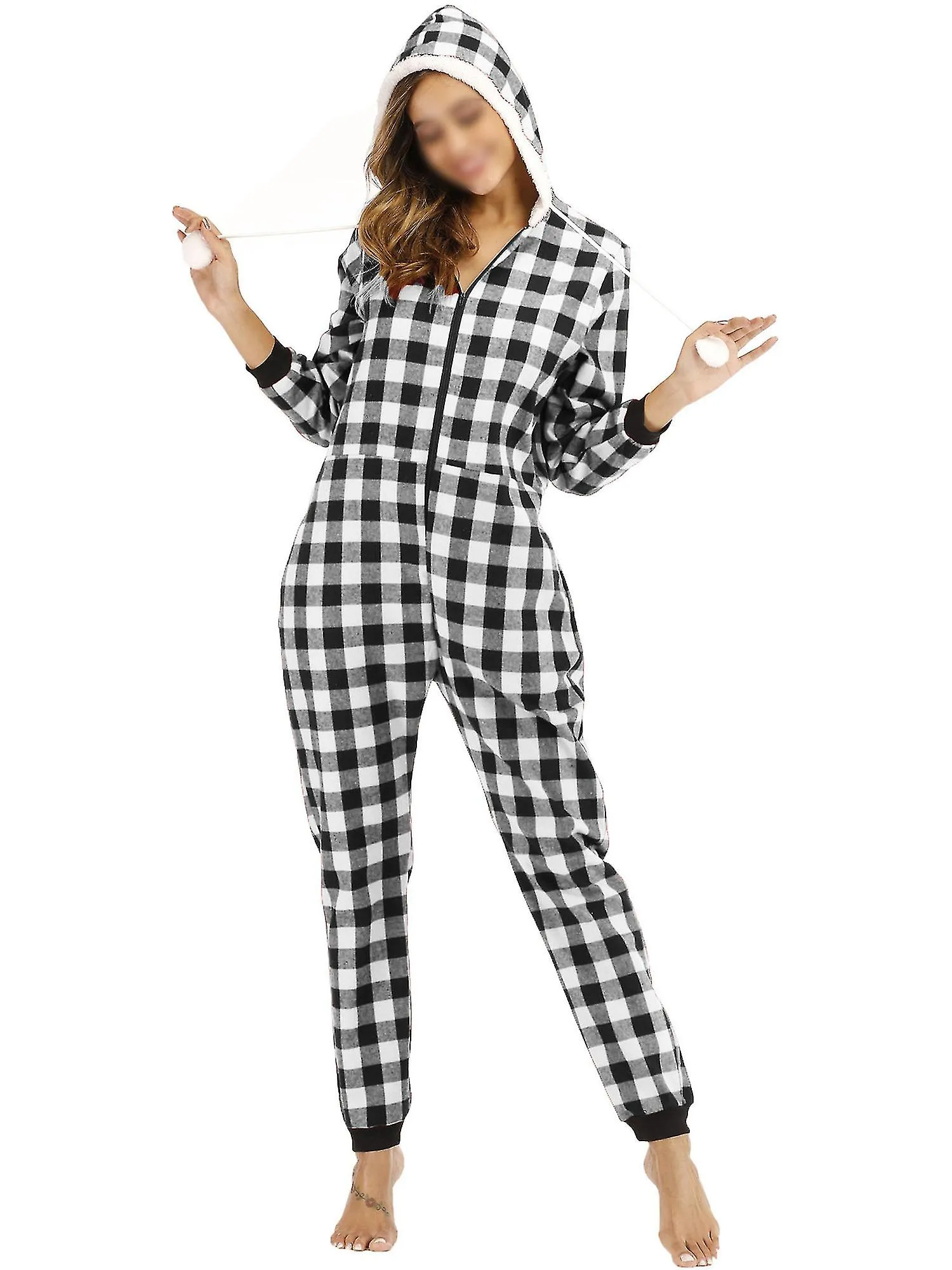 Women Cotton Plaid Hooded One-piece Home Wear Pajamas