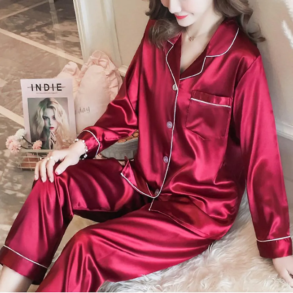 Women Satin Silk Sleepwear Pyjamas Long Sleeve Pjs Set Loungewear Nightwear