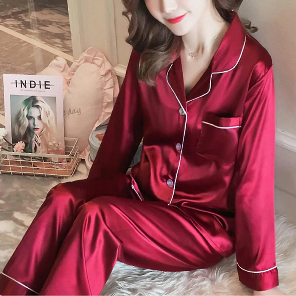 Women Satin Silk Sleepwear Pyjamas Long Sleeve Pjs Set Loungewear Nightwear