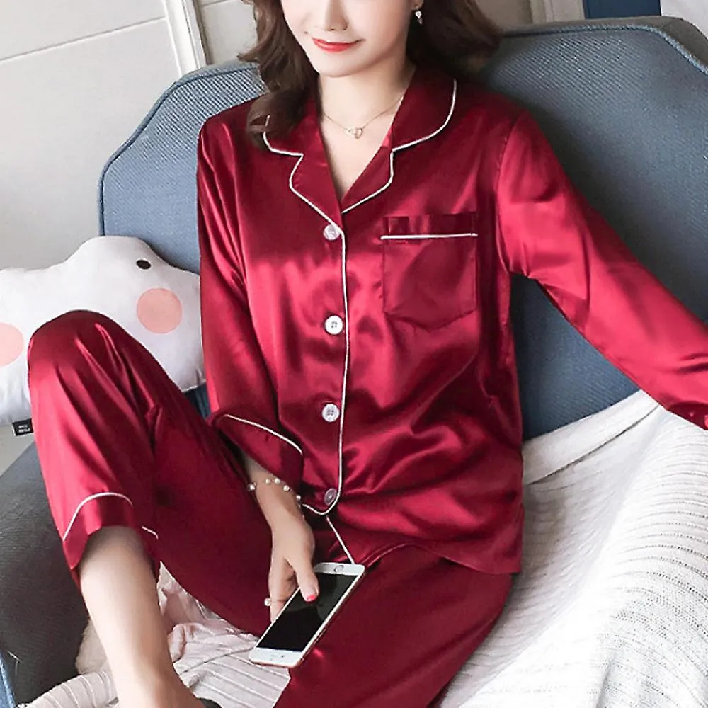 Women Satin Silk Sleepwear Pyjamas Long Sleeve Pjs Set Loungewear Nightwear