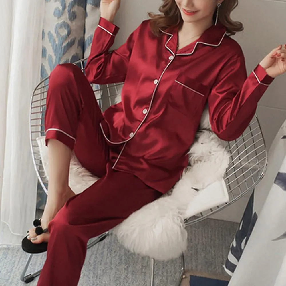 Women Satin Silk Sleepwear Pyjamas Long Sleeve Pjs Set Loungewear Nightwear