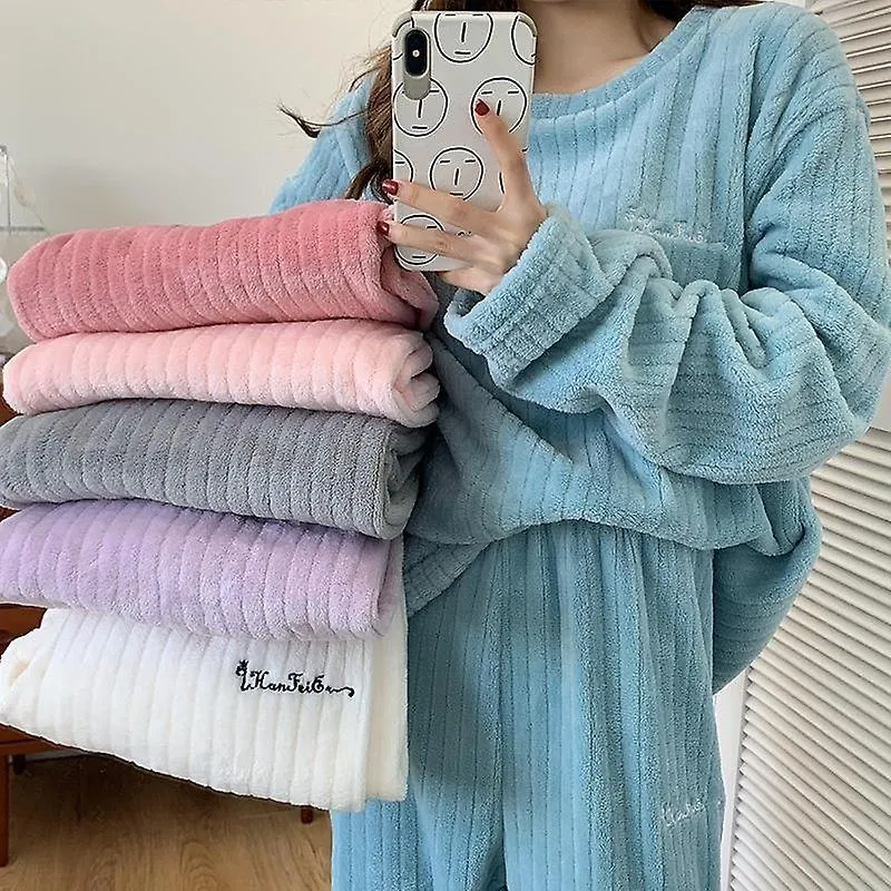 Women winter pajamas set warm homewear winter sleepwear female flannel pants suit