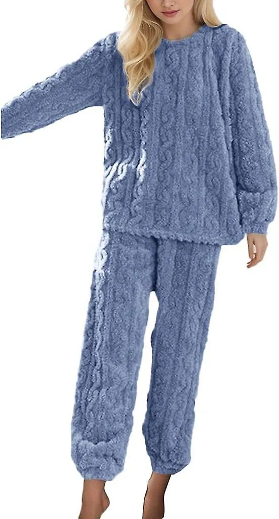 Women's Comfortable Fleece Pajamas Set Long Sleeve Cable Knit Pajamas Soft Flannel Pajamas Winter Lounge Wear