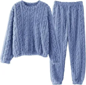 Women's Comfortable Fleece Pajamas Set Long Sleeve Cable Knit Pajamas Soft Flannel Pajamas Winter Lounge Wear