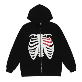 Women's Fashion Skeleton Body Printed Full Zip Hoodie Jacket Ladies Hooded Zipper Sweatshirt Coat Outerwear