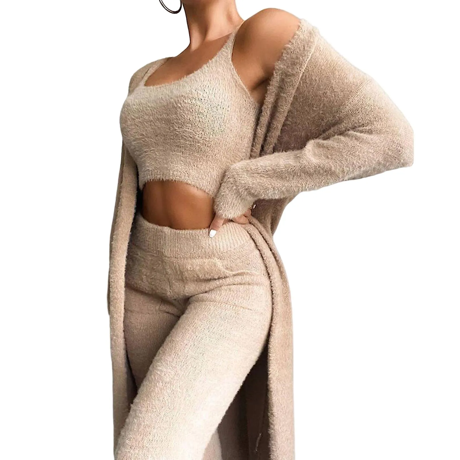 Women's Fuzzy Pajamas 3pc Suit Sexy Solid Fleece Pajamas Suit