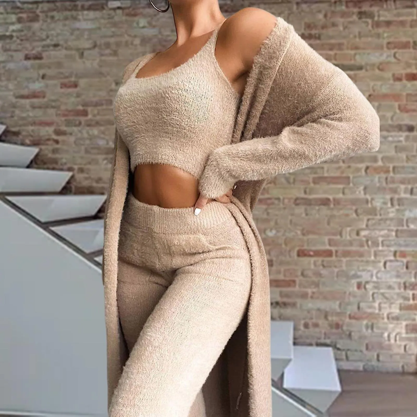 Women's Fuzzy Pajamas 3pc Suit Sexy Solid Fleece Pajamas Suit