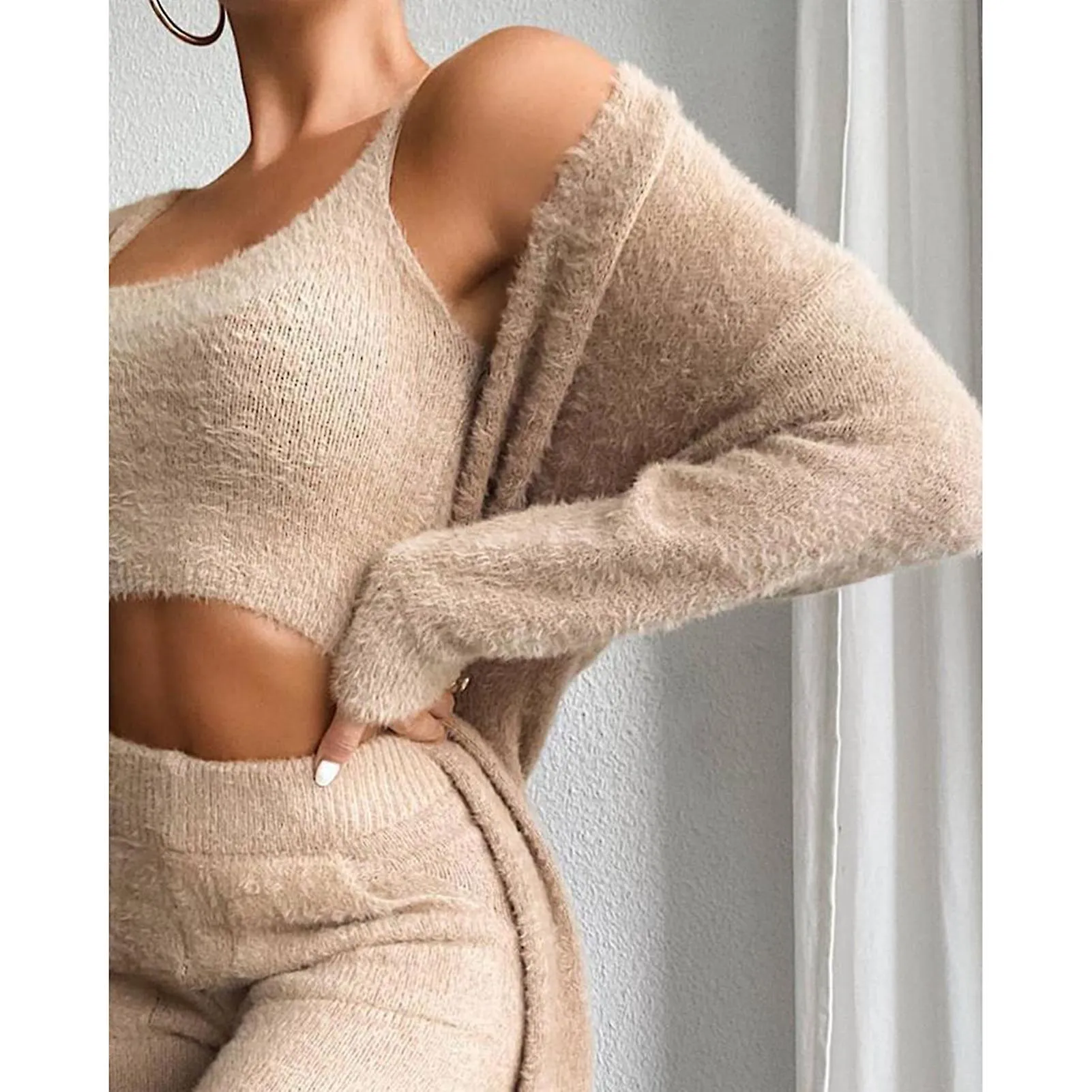 Women's Fuzzy Pajamas 3pc Suit Sexy Solid Fleece Pajamas Suit