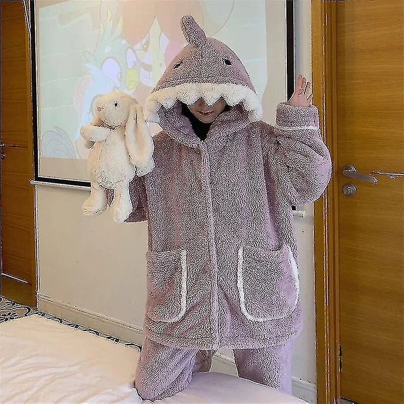 Women's Pajamas Flannel Hooded Sleepwear Kawaii Pijama Female Set With Pants Cute Pyjamas Loungewear