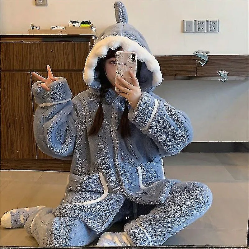 Women's Pajamas Flannel Hooded Sleepwear Kawaii Pijama Female Set With Pants Cute Pyjamas Loungewear