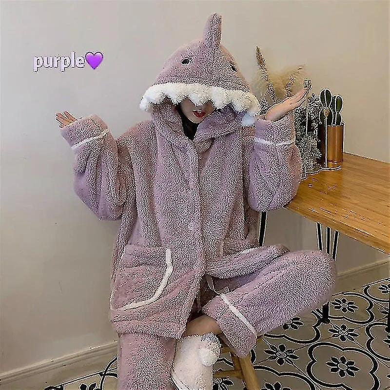 Women's Pajamas Flannel Hooded Sleepwear Kawaii Pijama Female Set With Pants Cute Pyjamas Loungewear