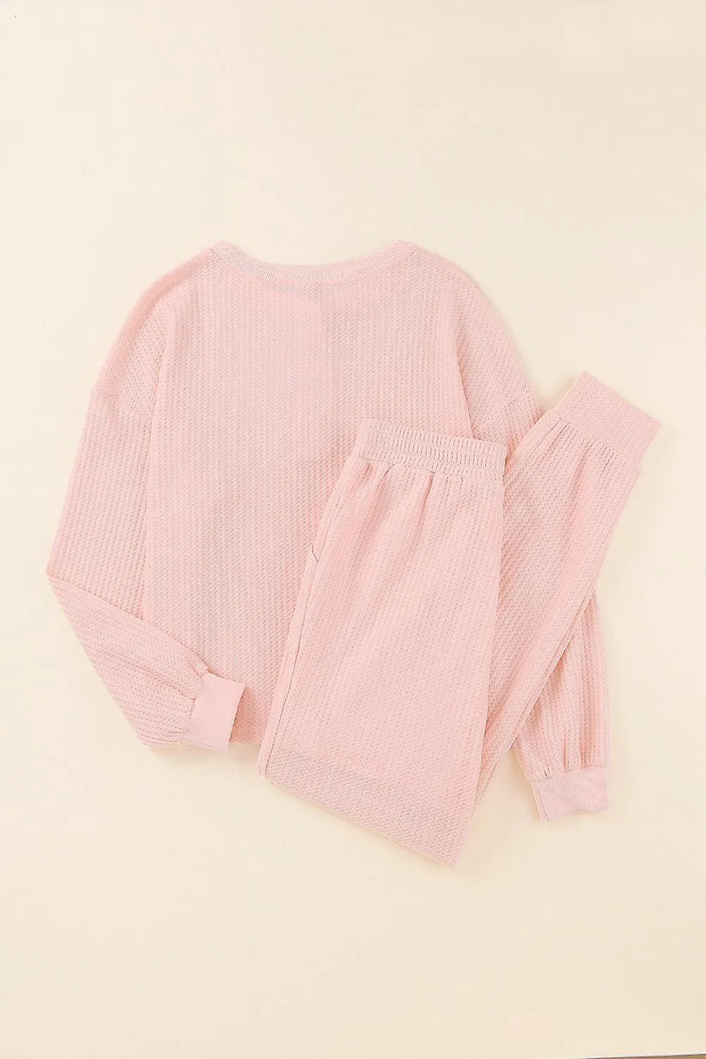 Women's Pink Thermal Waffle Knit Long Sleeve Loungewear Set