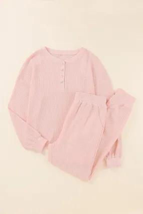 Women's Pink Thermal Waffle Knit Long Sleeve Loungewear Set