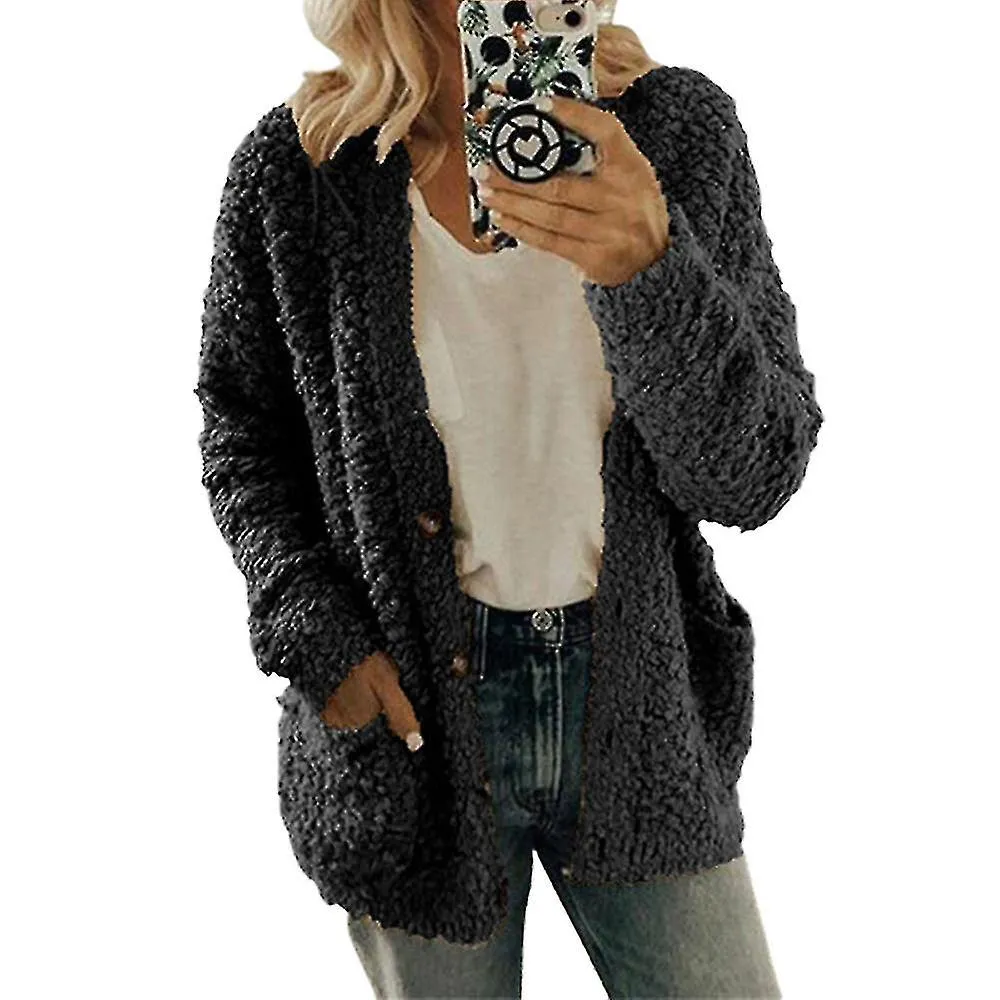 Womens Fuzzy Fluffy Pockets Coat Winter Cardigan Warm Fleece Jacket Long Sleeve Outerwear