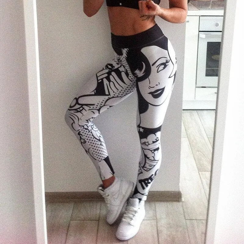 Women's Newspaper Print Leggings - High Waist Push Up Stretch Trousers