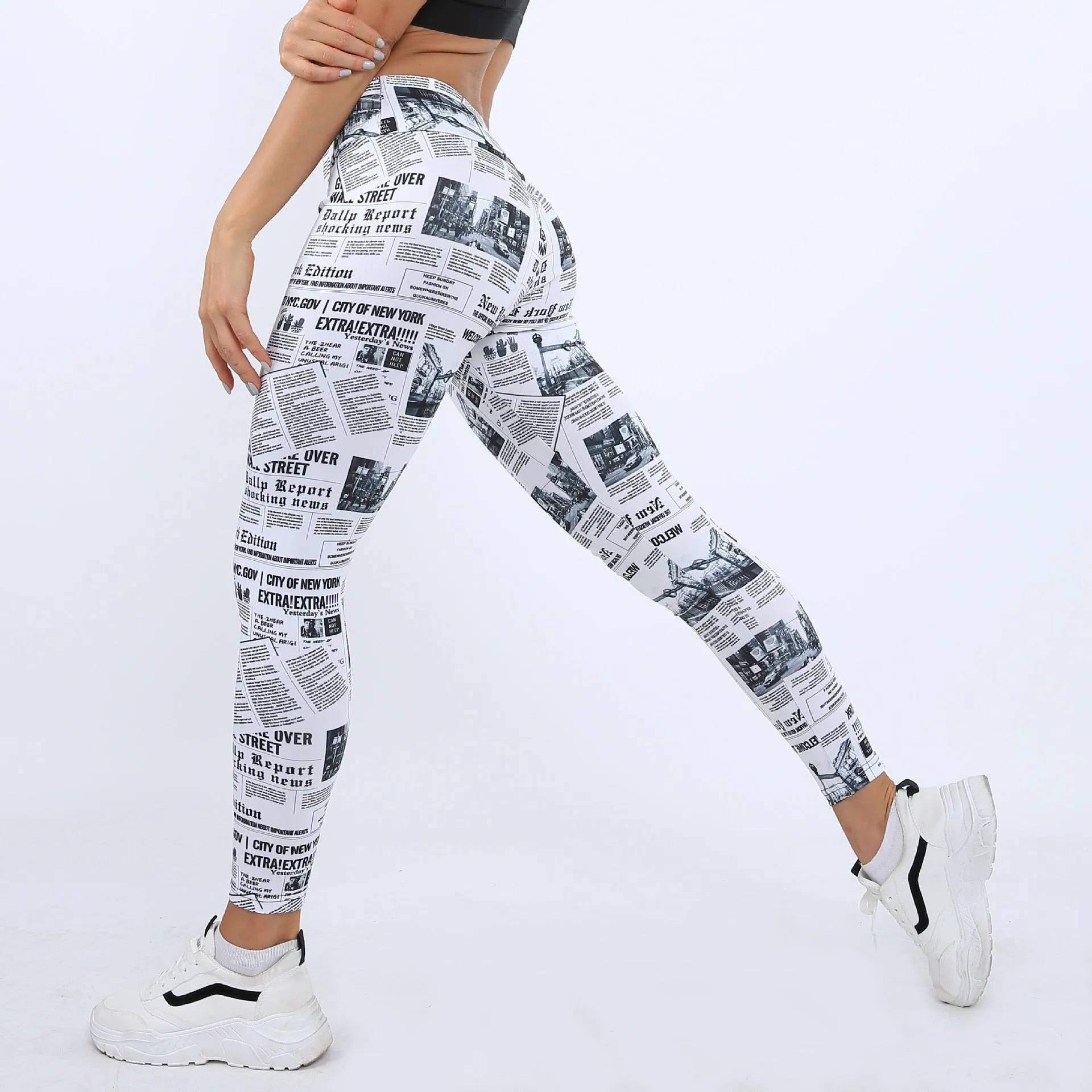 Women's Newspaper Print Leggings - High Waist Push Up Stretch Trousers