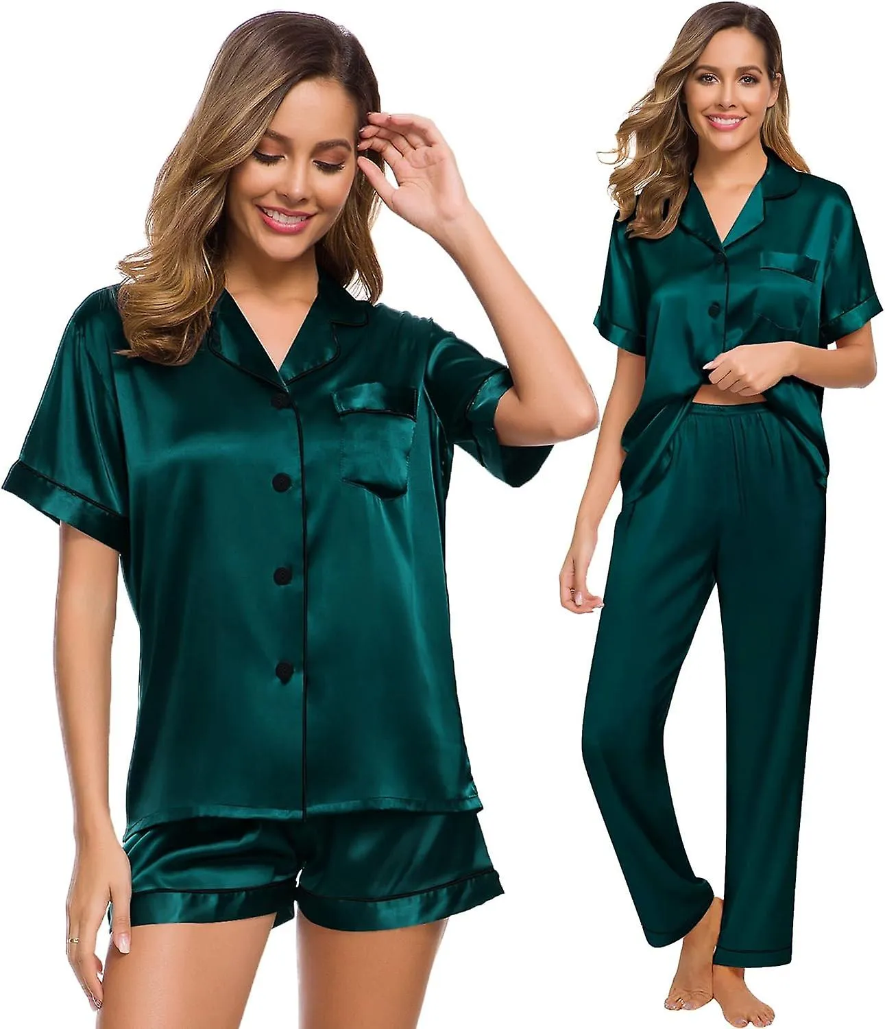 Womens Satin Pyjama Sets Ladies Silk Nightwear 3 Piece Short Sleeve Pj Set Button Down Sleepwear Set Loungewear