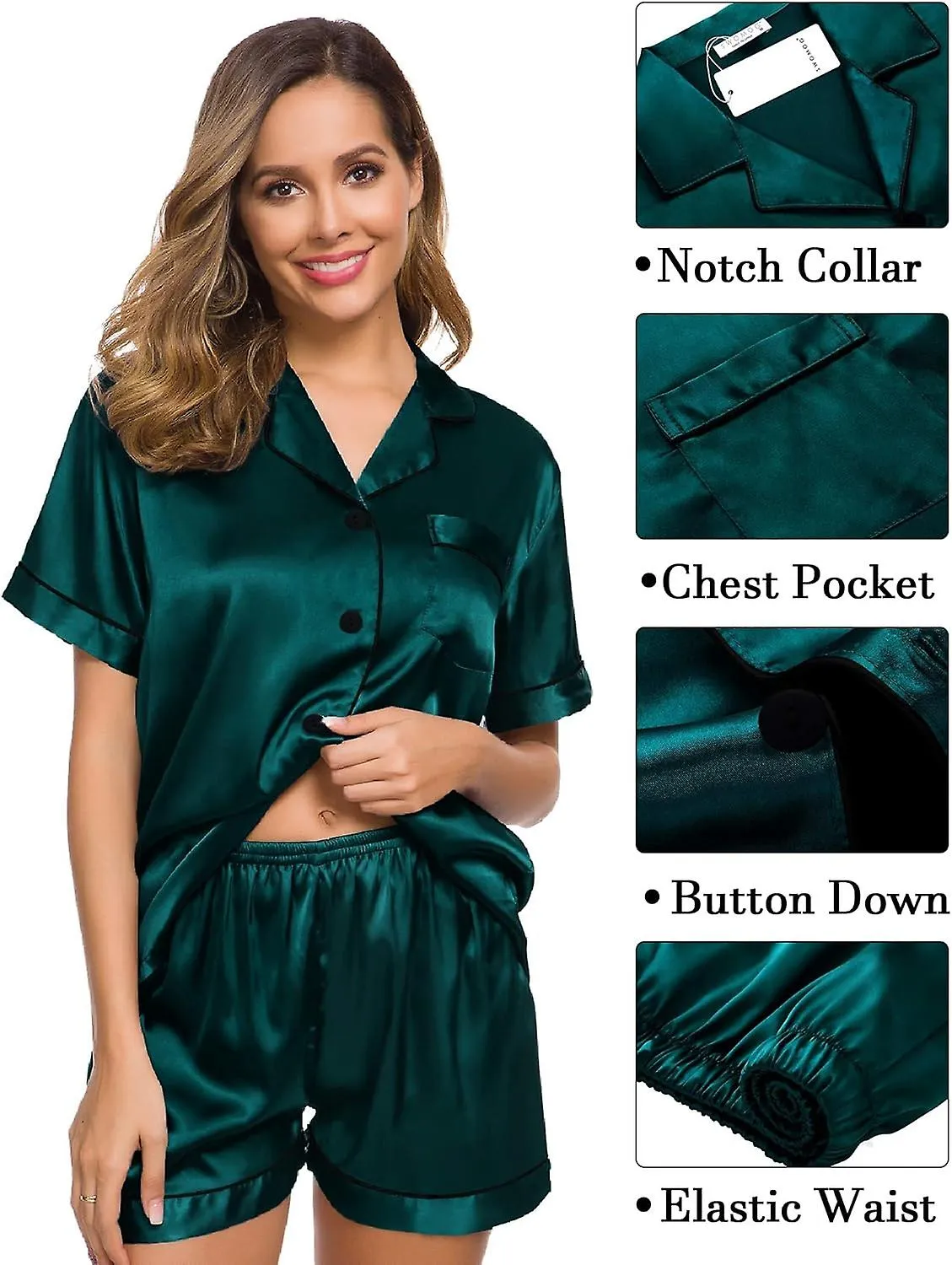 Womens Satin Pyjama Sets Ladies Silk Nightwear 3 Piece Short Sleeve Pj Set Button Down Sleepwear Set Loungewear