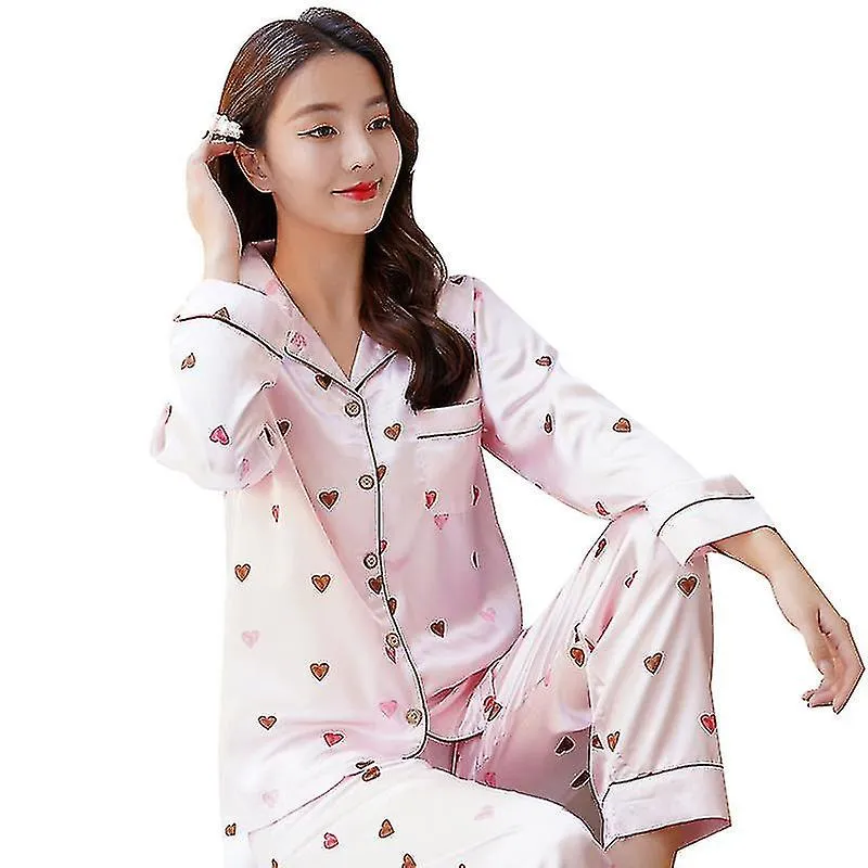 Womens Silk Satin Pajamas Loungewear Two-piece Sleepwear  Set