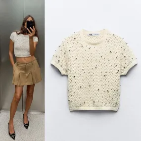 ZARA  |Casual Style Studded Cotton Elegant Style V-neck & Crew neck