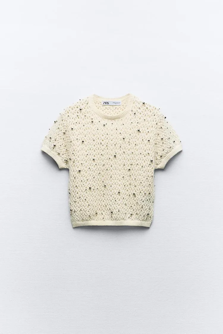 ZARA  |Casual Style Studded Cotton Elegant Style V-neck & Crew neck