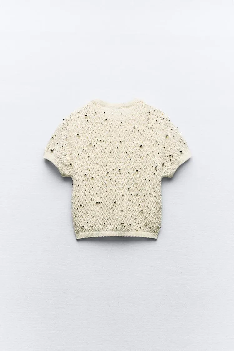 ZARA  |Casual Style Studded Cotton Elegant Style V-neck & Crew neck